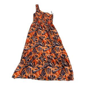 NWT Nine West Tropical Orange Blue One Shoulder Maxi Dress Size Large
